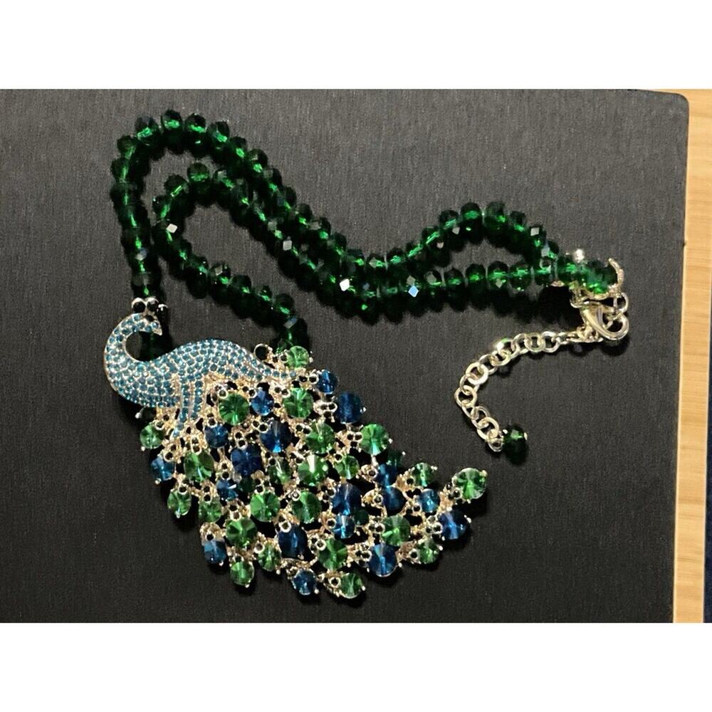 Multi Colored Peacock Necklace 16in Glass Beaded Chain
